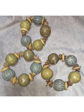 Rustic Wooden & Ceramic Beaded Napkin Rings Earthy Green & Beige Set Of 3
